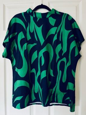 SHEIN Abstract Swirl Print Blouse | Green Navy Batwing High Neck Top